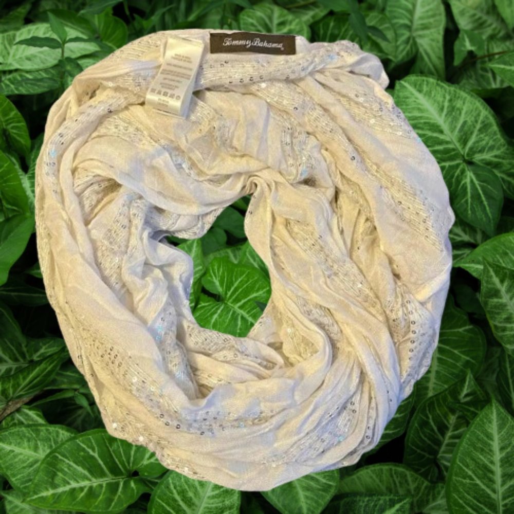Tommy Bahama White Beige Silver Sequin Infiinity Scarf Beach Wrap NEW One Size